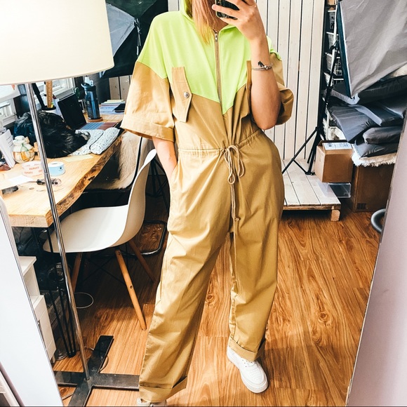 Rehab Lab | Beige & Yellow Coveralls Jumpsuit NWT - Picture 3 of 14